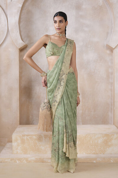 Lizbet Sequin Chiffon Pre-draped Saree - Green