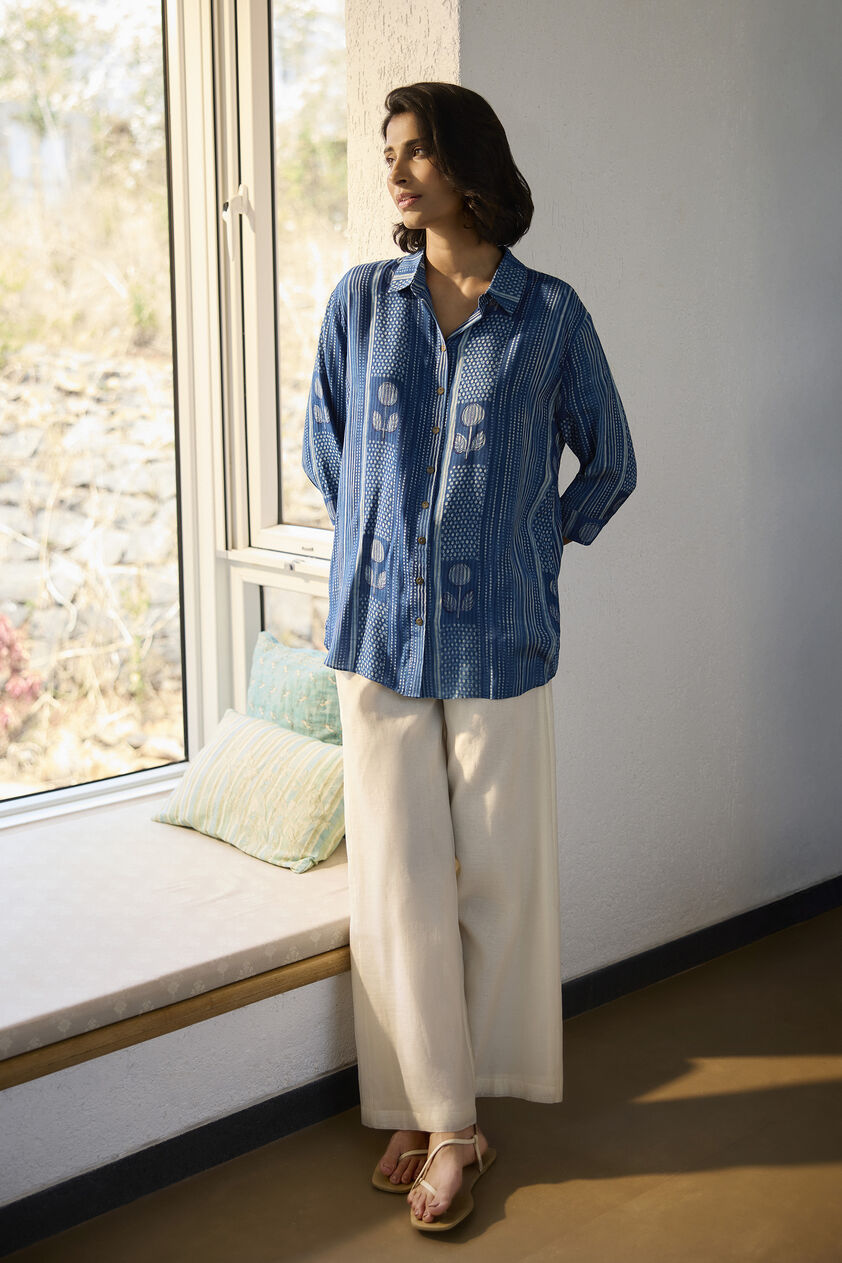 Laguna Hand-block Printed Mul Shirt - Indigo, Indigo, image 1