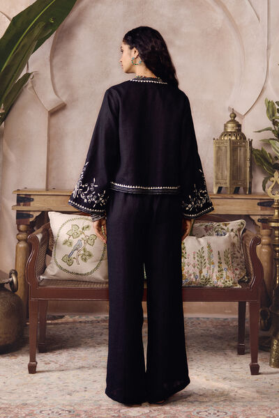 Selja Hand-embroidered Kantha Hemp Jacket Set - Black