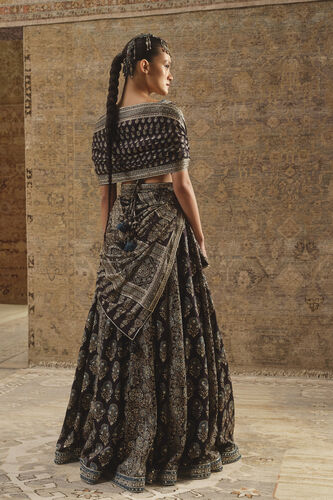 Koyyaro Ajrakh Hand-block Printed Silk Lehenga Set - Black, Black, image 2