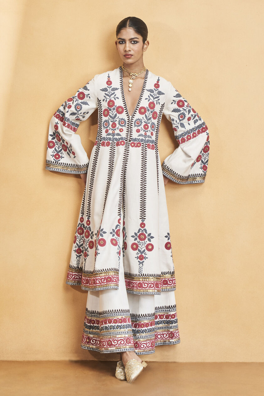 Flowers Of the Forest Zardozi & Cord Silk Kurta Set - Cream, Cream, image 7