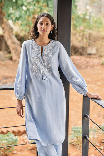 Cloud Sky Hand-embroidered Chikankari Linen Co-ord - Blue, Blue, image 1