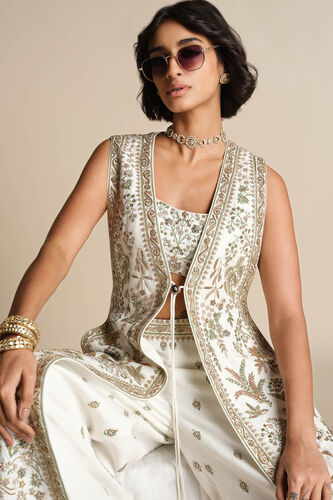 Aralai Embroidered Zardozi Silk Jacket Set - White, Cream, image 5
