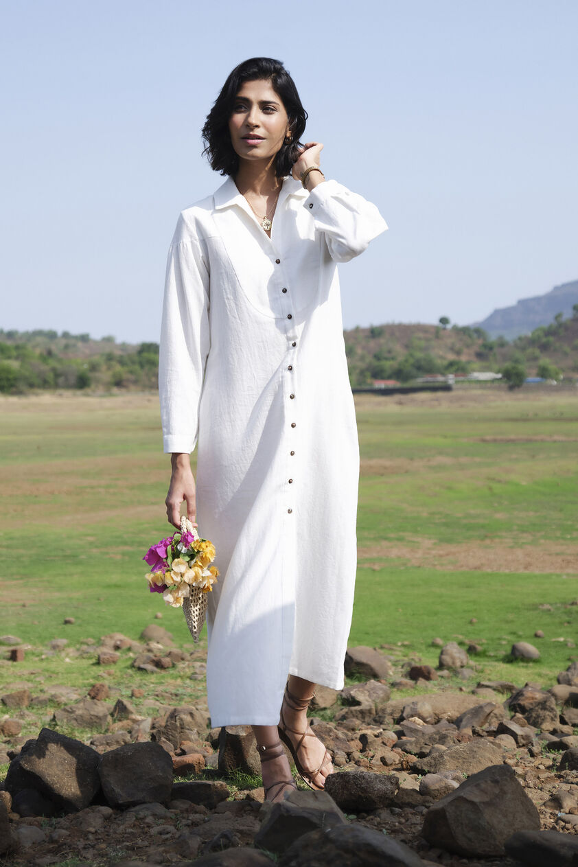 Yarrow Handwoven Khadi Dress - Ivory, Ivory, image 1