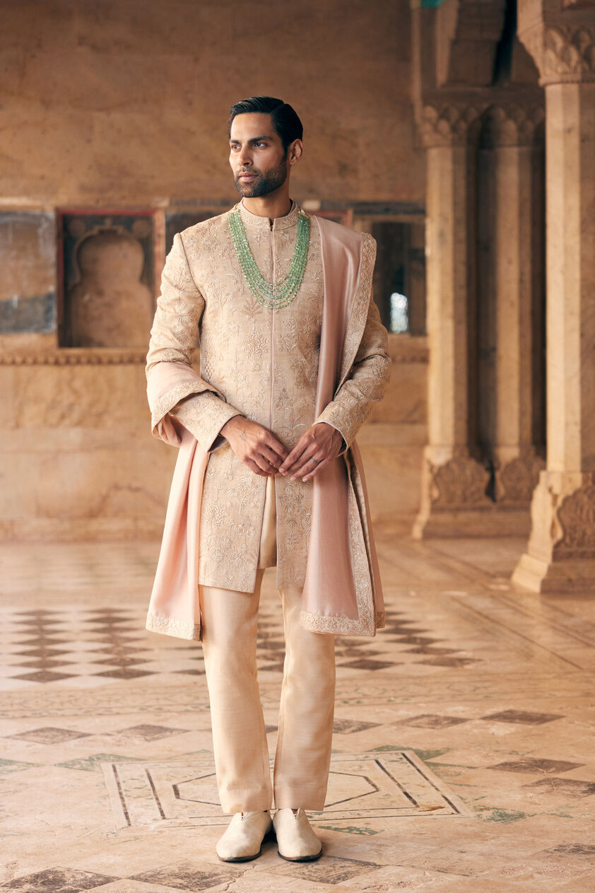 Zimraan Hand-embroidered Silk Sherwani - Beige, Beige, image 1