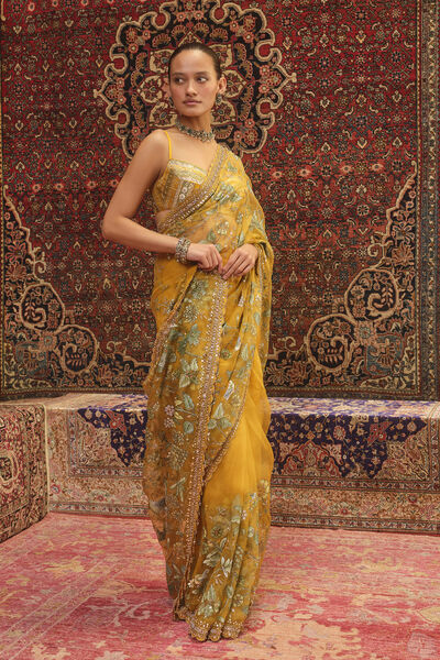 Nisarga Hand-painted Pichhwai Silk Saree - Mustard