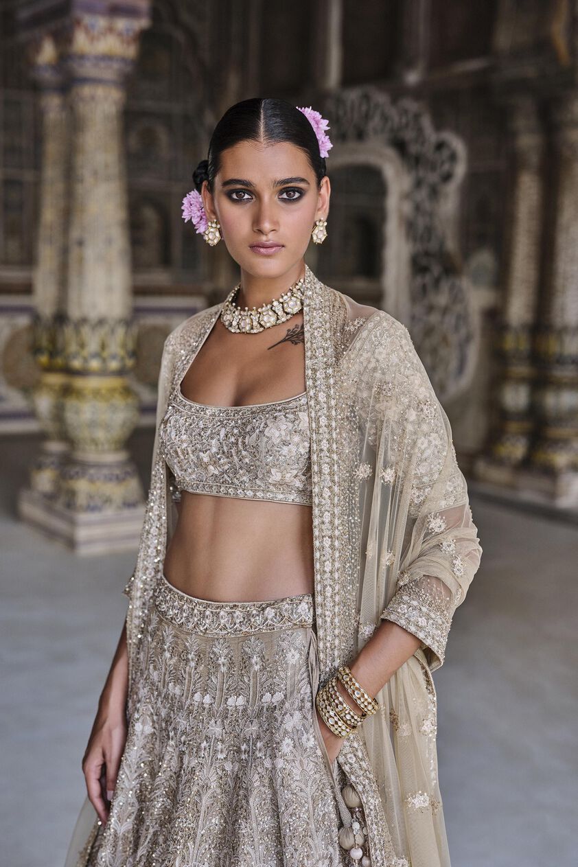 Arisa Embroidered Silk Lehenga Set - Gold, Gold, image 8