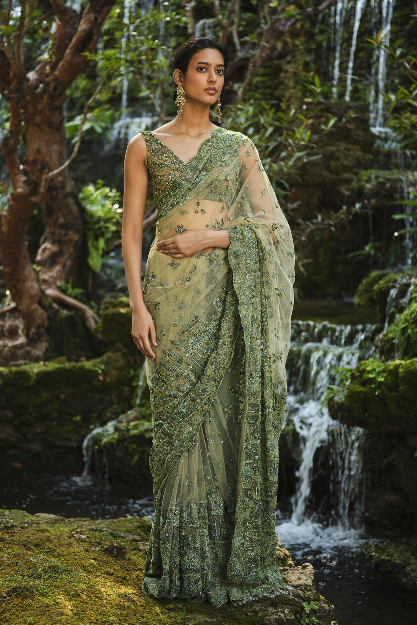 Grassland Embroidered Saree - Green, Multi Color, image 1