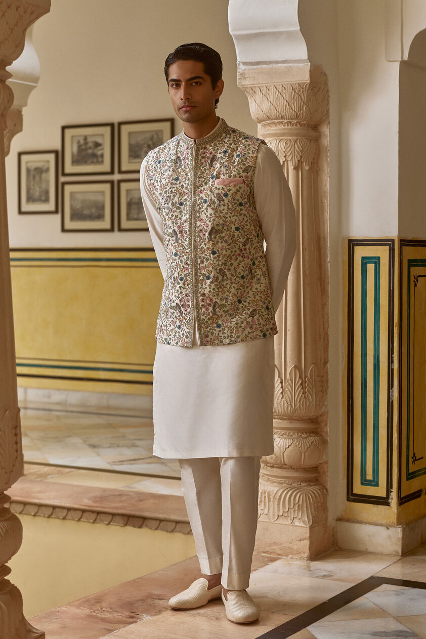 Avir Aari Embroidered Silk Nehru Jacket - Cream, Cream, image 1