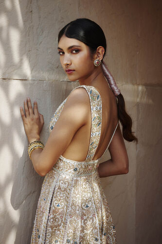 Mihika Zardozi & Gota Patti Silk Dress - Ivory, Ivory, image 3