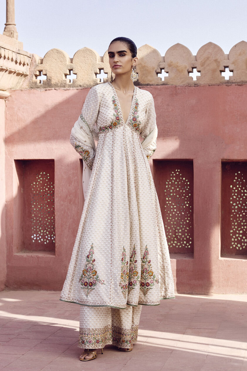 Akshi Handwoven Benarasi Cotton Anarkali Suit Set - Natural, Ivory, image 1