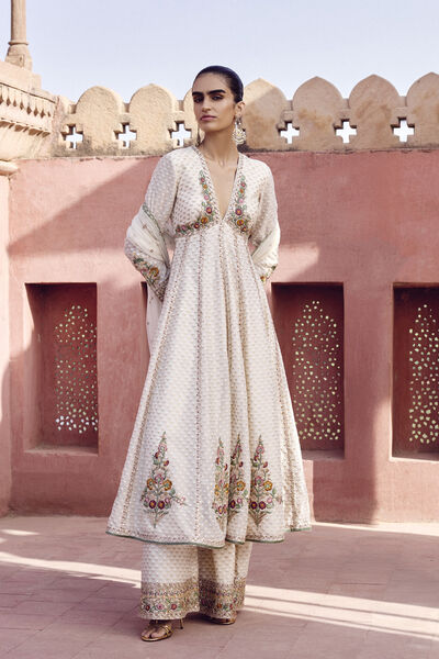 Akshi Handwoven Benarasi Cotton Anarkali Suit Set - Natural