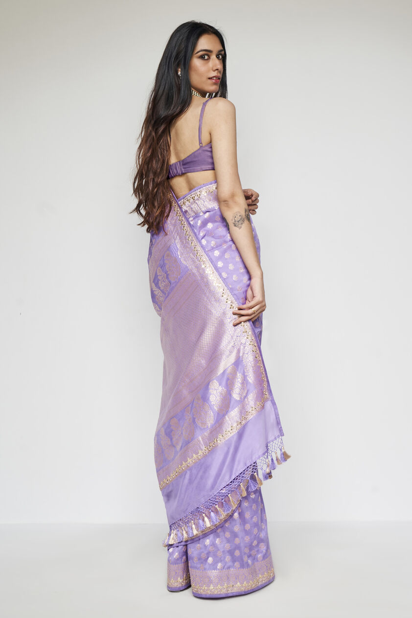 Briti Benarasi Silk Embroidered Saree - Lilac, Lilac, image 4