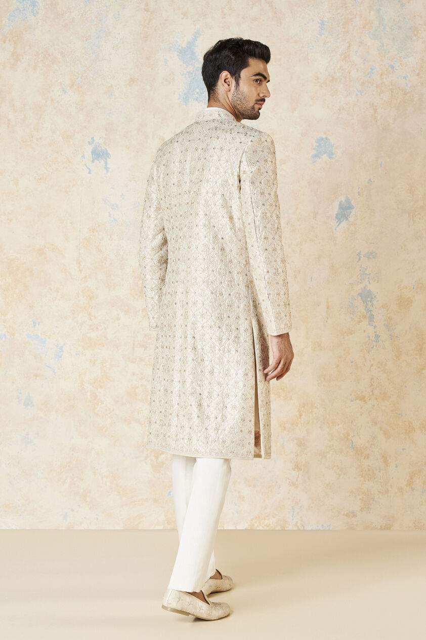 Ainesh Gota Patti & Aari Silk Sherwani - Ivory, Ivory, image 3