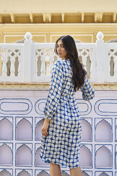 Fresco Hand-block Print & Gold Khadi Dress - Indigo
