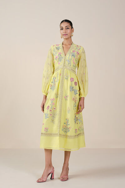 Rhapsody Embroidered Mul Dress - Yellow