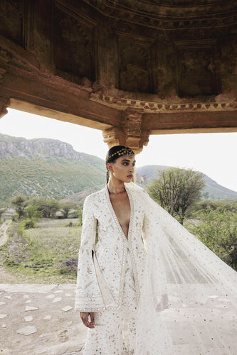 Sikara Mirror & Zardozi Silk Gharara Set - Ivory, Ivory, image 1