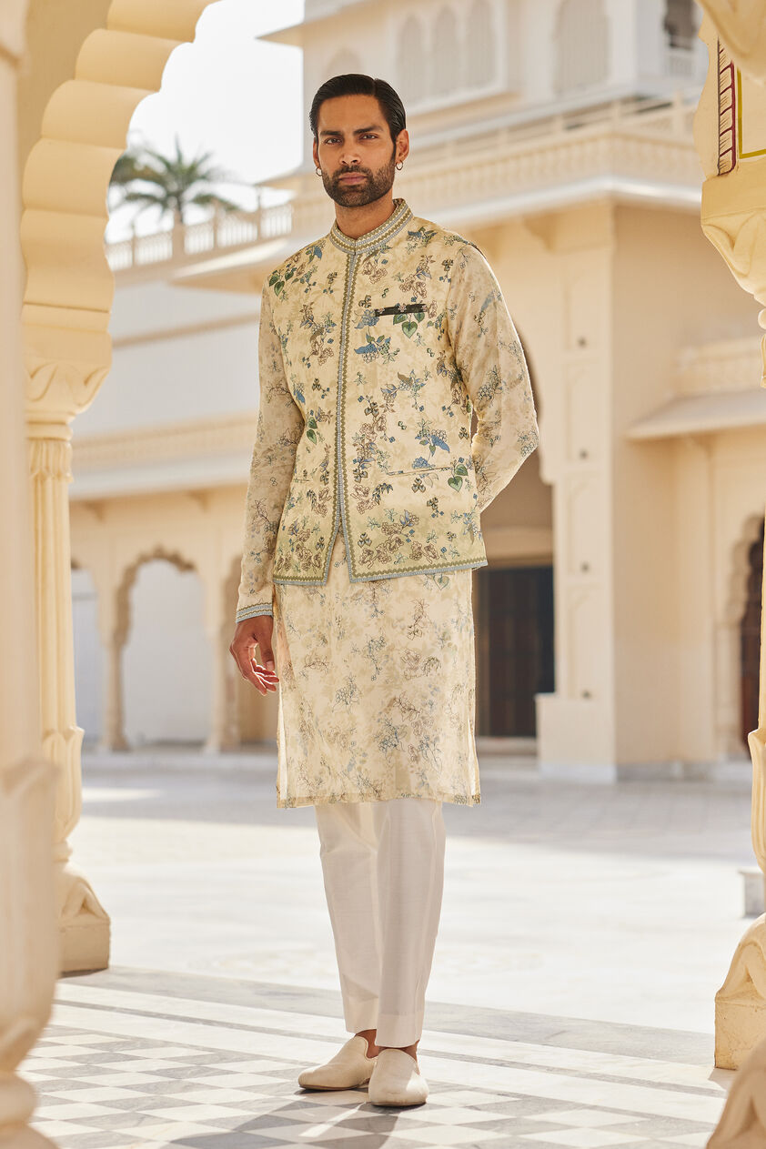 Harishva Silk Nehru Jacket - Ivory, Ivory, image 1