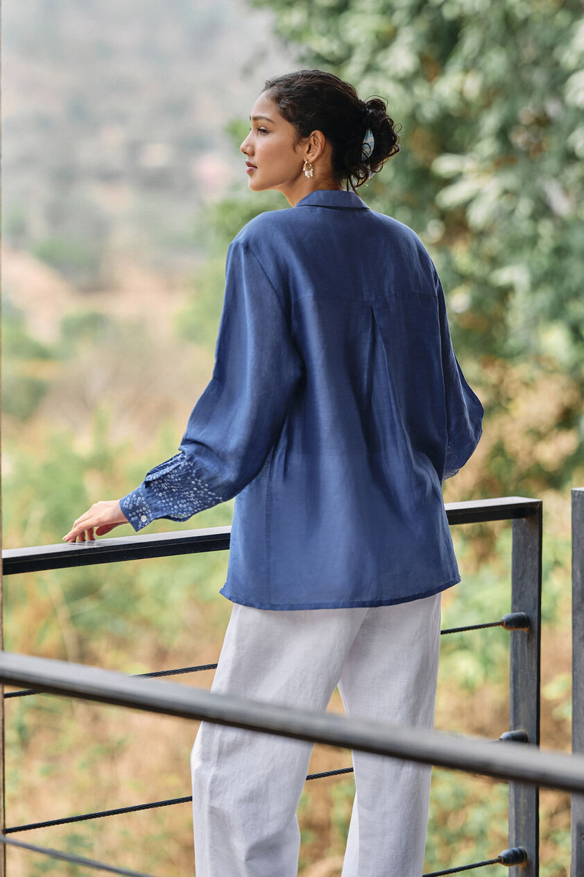 Dreamer Handcrafted Bandhani Linen Shirt - Indigo, Indigo, image 2
