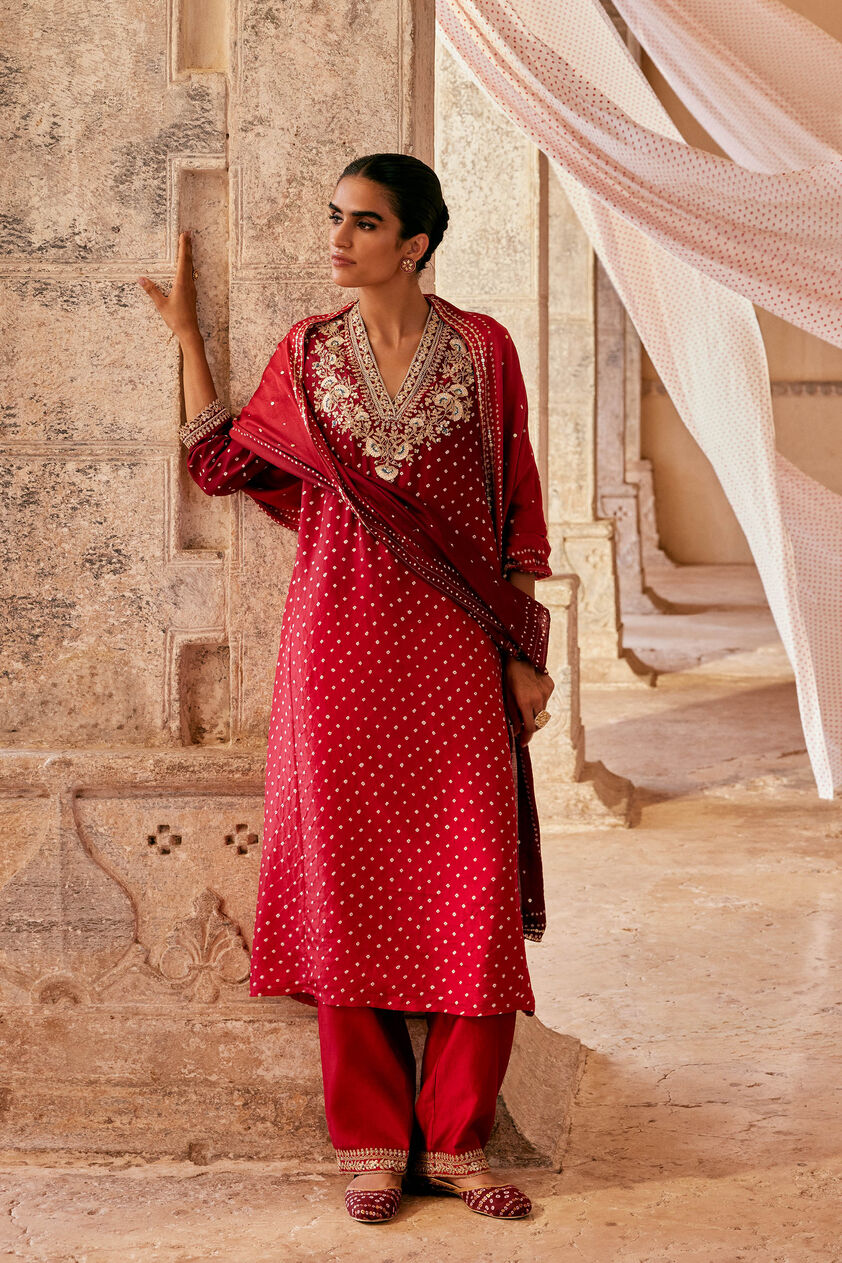 Gulsahro Handcrafted Bandhani Silk Kurta Set - Red, Red, image 1