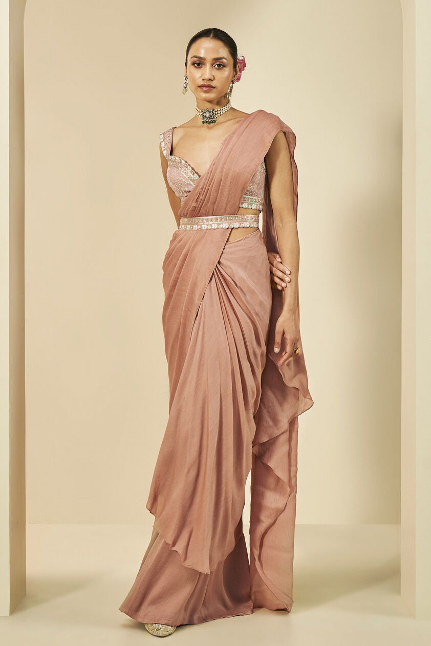 Lesedei Pre-draped Saree - Old Rose, Old Rose, image 1