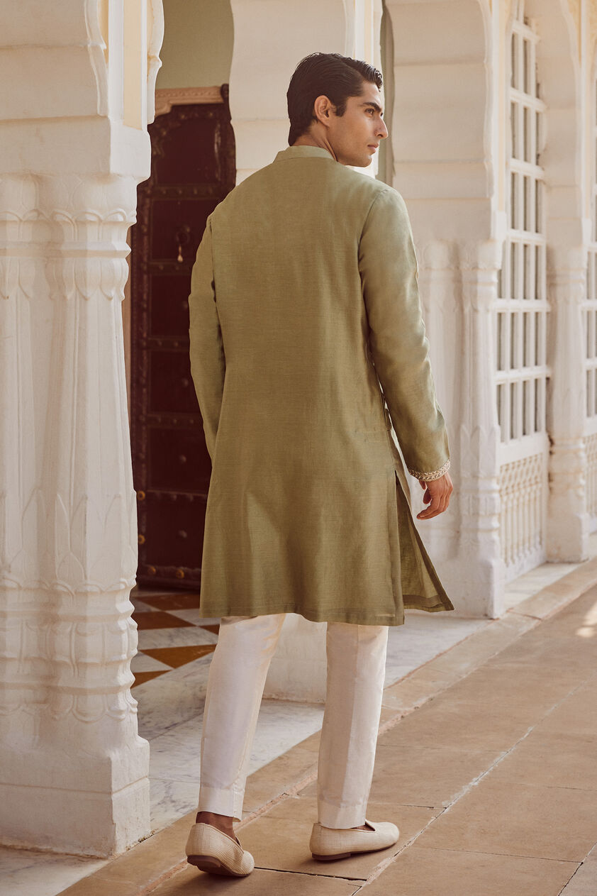 Suryan Embroidered Silk Kurta - Olive, Olive, image 2