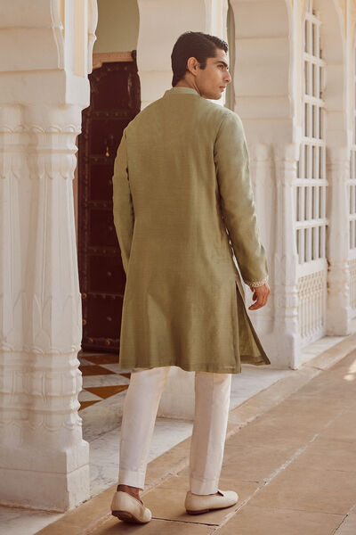Suryan Embroidered Silk Kurta - Olive