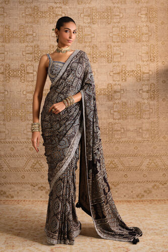 Zansi Ajrakh Hand-block Printed Silk Saree - Black, Black, image 3