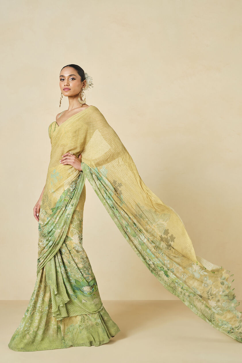 Naida Georgette Pre-draped Saree - Sage, Sage, image 3