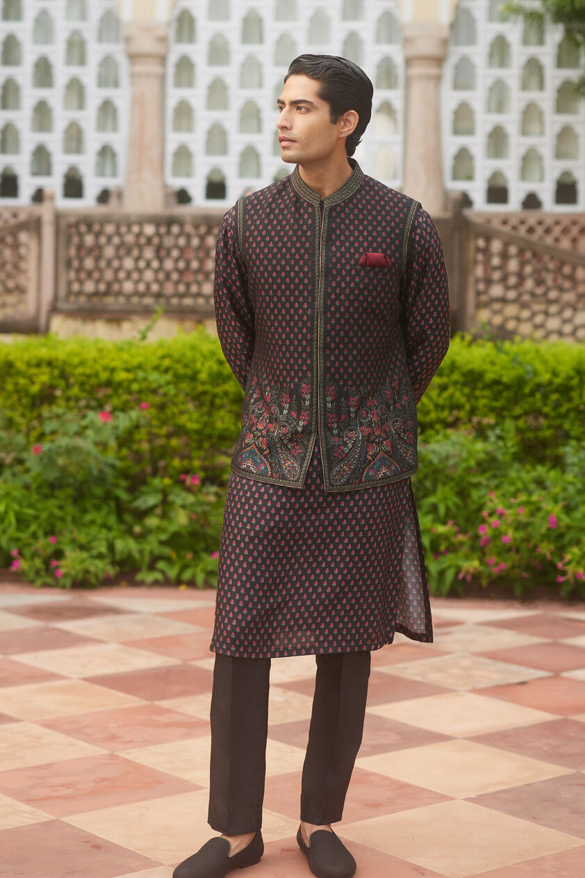 Ishav Silk Nehru Jacket - Black, Black, image 1