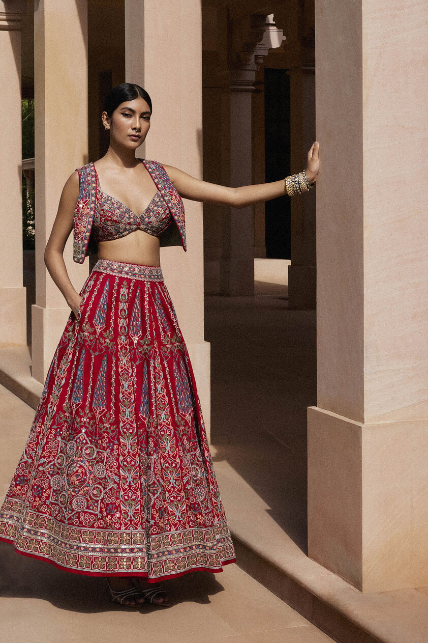 Alakana SEWA Hand-embroidered Silk Skirt Set - Red, Red, image 1