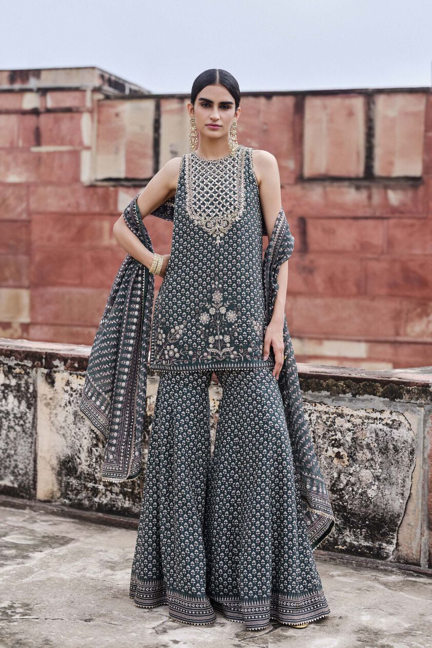 Abjini Gota Patti Mul Gharara Set - Green, Green, image 1