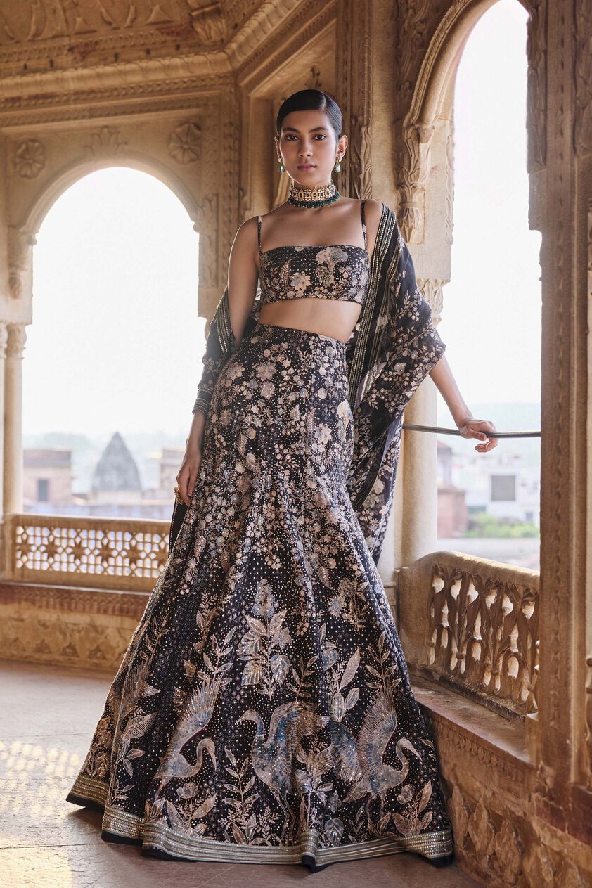 Izar Printed Sequin Lehenga Set - Black, Black, image 1