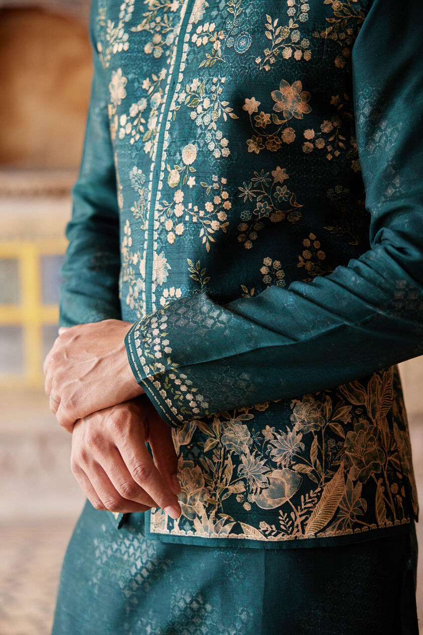 Hirav Printed Silk Nehru Jacket - Green, Green, image 3