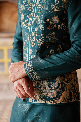 Hirav Printed Silk Nehru Jacket - Green, Green, image 3