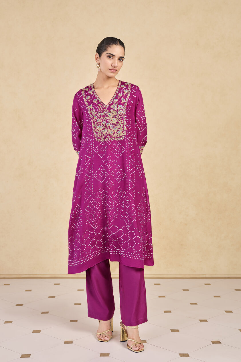 Johona Handcrafted Bandhani Silk Kurta Set - Purple, Purple, image 1