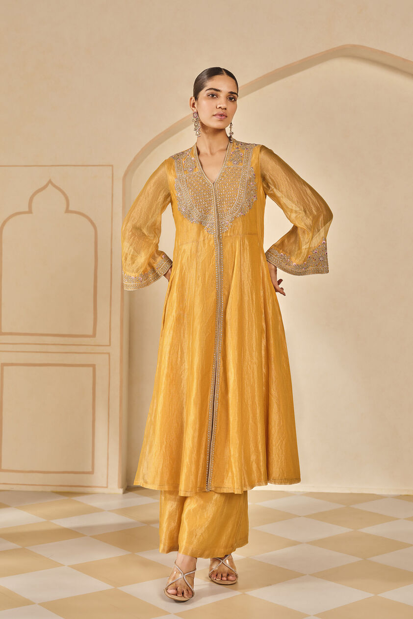Azha Embroidered Zardozi Silk Jacket Set - Yellow, Yellow, image 2