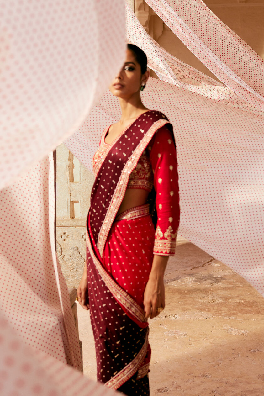 Sarovar Handcrafted Bandhani Silk Saree - Red, Red, image 2