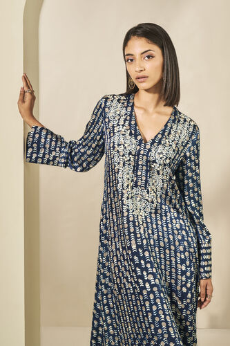 Taara Embroidered Hand-block Printed Kaftan - Blue, Blue, image 3