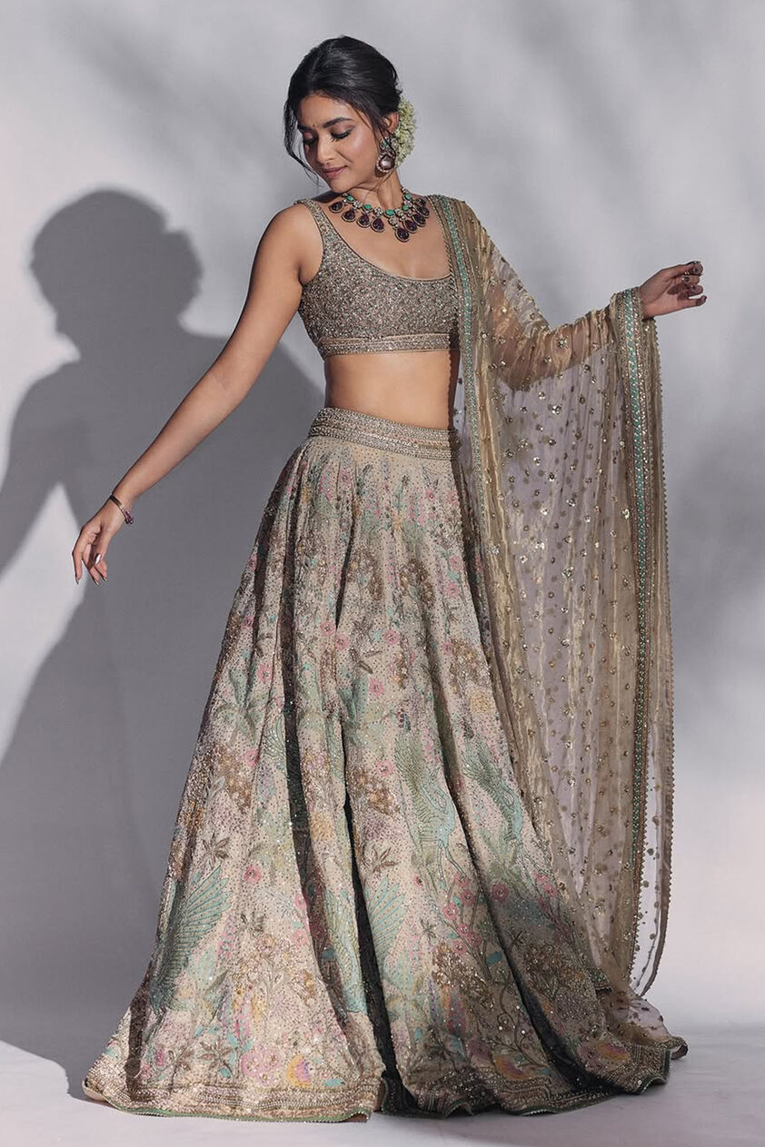 Suramya Embroidered Zardozi Silk Lehenga Set - Gold, Gold, image 1