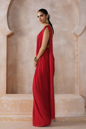 Yuthika Embroidered Cord Pre-draped Saree - Red, Red, image 3