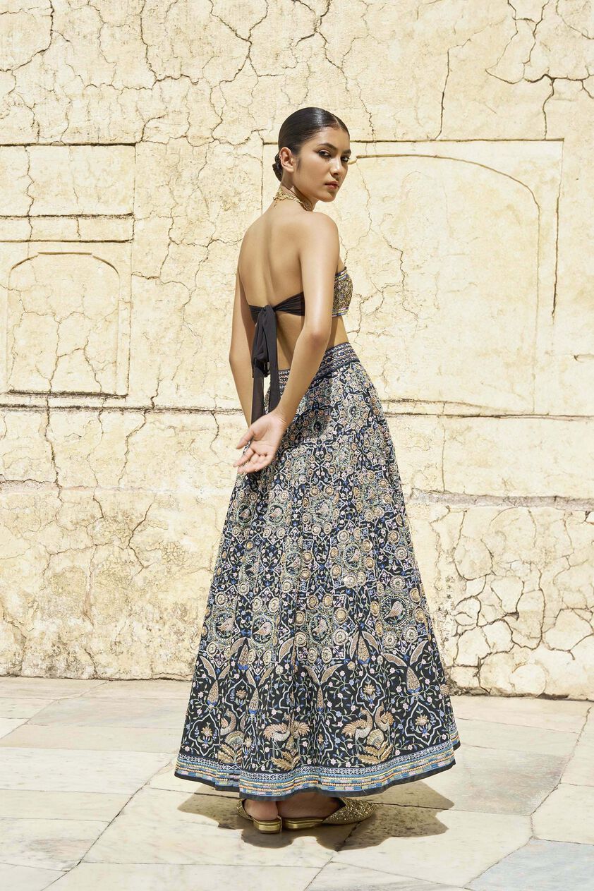 Forest Gleam Embroidered Zardozi Silk Skirt Set - Black, Black, image 2