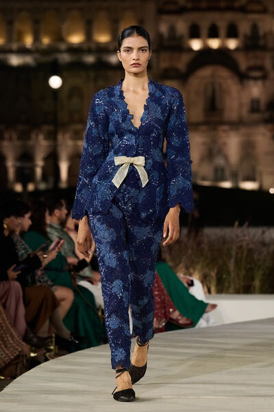 Elysora Embroidered Silk Jacket Set - Blue