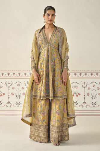 Sunburst Embroidered Zardozi Sharara Set - Yellow, Mustard, image 1