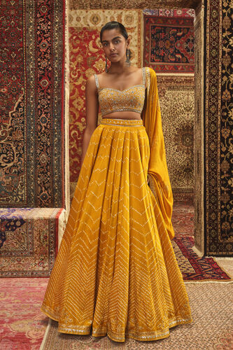 Nirajita Handcrafted Bandhani Silk Lehenga Set - Yellow, Yellow, image 1