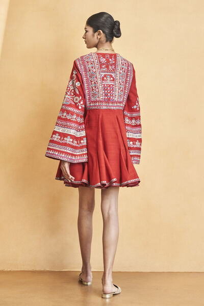 Spirit Of The Forest Embroidered Silk Dress - Red