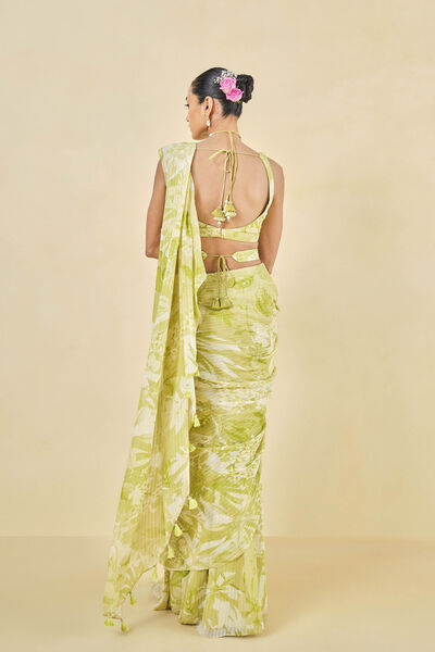 From The Tropics Georgette Pre-draped Saree - Lime