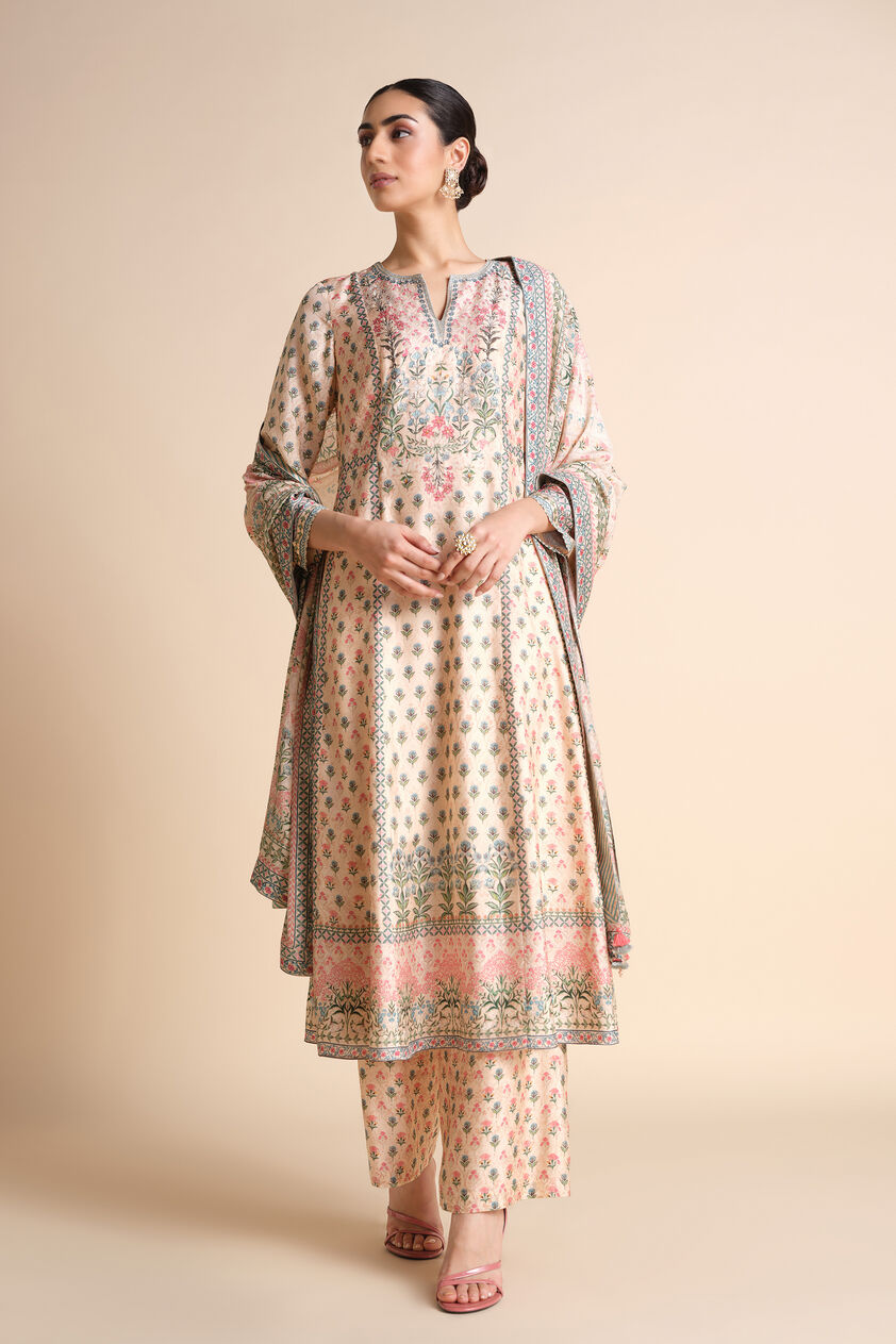 Indivarini Printed Silk Anarkali - Ivory, Ivory, image 1