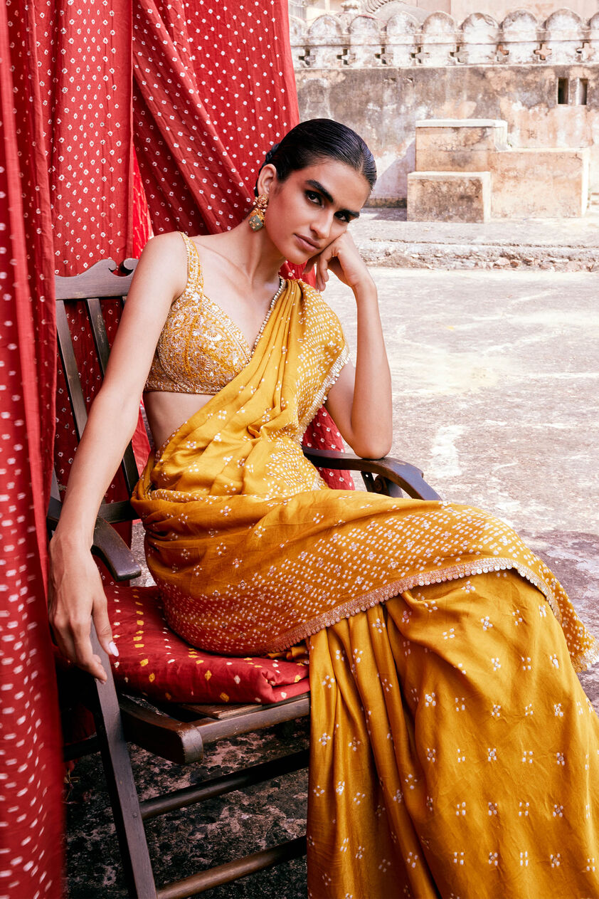 Bahi Handcrafted Bandhani Silk Saree, Mustard, image 4