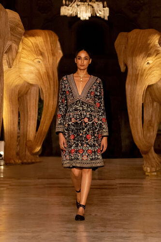 Floral Ballad Embroidered Zardozi Silk Dress - Black, Black, image 3